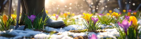 Gum boots with spring flowers and gardening tools with grass growing through the soil. Concept of gardening, spring coming and winter leaving.の素材