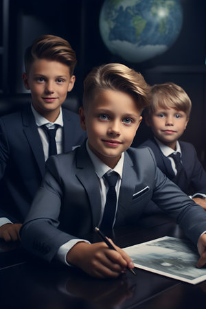 Group of children doing their dream job as businessmen having their conference. Businessperson meeting at the business office.の素材