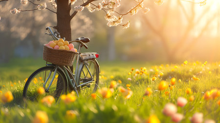 Bike being propped against the tree with basket full of Easter eggs on the meadow with grass, spring flowers and sun shining. Concept of Easter, Travel and Delivery.の素材