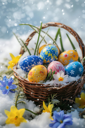 Basket full of Easter eggs and spring flowers on a meadow with the rests of the melting snow and grass growing and sun shining.の素材