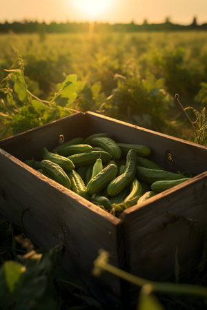 Gherkins harvested in a wooden box with field and sunset in the background. Natural organic fruit abundance. Agriculture, healthy and natural food concept. Vertical composition.の素材