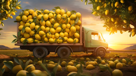 Cargo truck carrying lemon fruit in an orchard with sunset. Concept of food production, transportation, cargo and shipping.の素材
