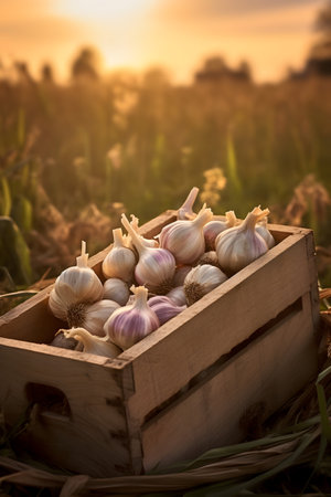 Garlic harvested in a wooden box with field and sunset in the background. Natural organic fruit abundance. Agriculture, healthy and natural food concept. Vertical composition.の素材