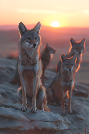 Jackal family standing in front of the camera in the rocky plains with setting sun. Group of wild animals in nature.の素材