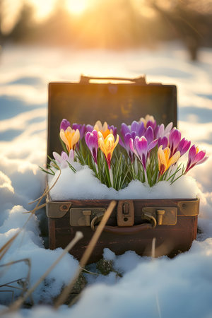 Vintage suitcase with spring flowers and blooms lying on the meadow with the rests of melting snow and grass growing. Concept of spring coming and winter leaving.の素材