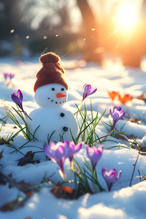 Snowman on a meadow with grass and spring flowers growing through the melting snow. Concept of spring coming and winter leaving.の素材