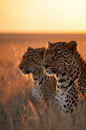 Leopards standing in the savanna with setting sun shining. Group of wild animals in nature.の素材