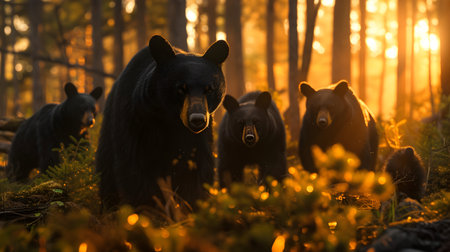 Black bear family walking towards the camera in the forest with setting sun. Group of wild animals in nature.の素材