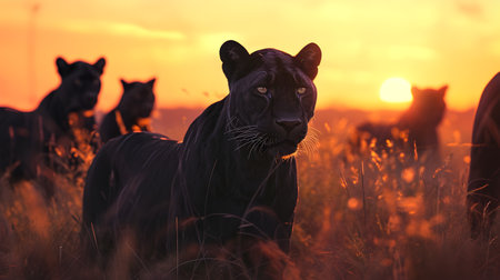 Black panthers standing in the savanna with setting sun shining. Group of wild animals in nature.の素材