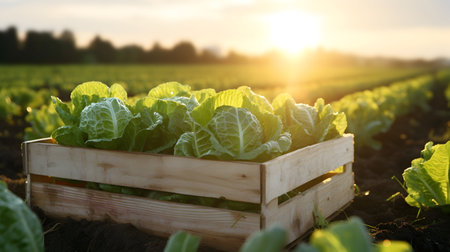 Iceberg lettuce in a wooden box with field and sunset in the background. Natural organic fruit abundance. Agriculture, healthy and natural food concept. Horizontal composition.の素材