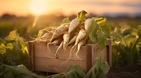Horseradish root harvested in a wooden box with field and sunset in the background. Natural organic fruit abundance. Agriculture, healthy and natural food concept. Horizontal composition.の素材