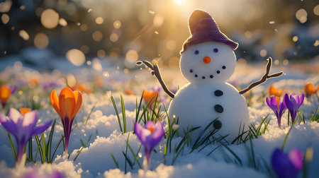 Snowman on a meadow with grass and spring flowers growing through the melting snow. Concept of spring coming and winter leaving.の素材