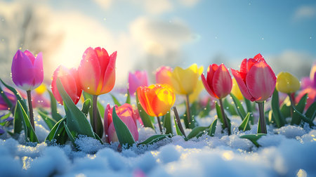 Colorful tuip flowers and grass growing from the melting snow, blue sky and sunshine in the background. Concept of spring coming and winter leaving.の素材