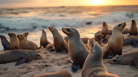 Sea lion family in the ocean water with setting sun shining. Group of wild animals in nature.の素材