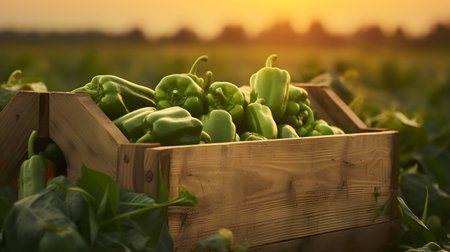 Green bell peppers harvested in a wooden box with field and sunset in the background. Natural organic fruit abundance. Agriculture, healthy and natural food concept. Horizontal composition.の素材