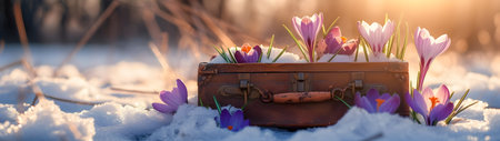 Vintage suitcase with spring flowers and blooms lying on the meadow with the rests of melting snow and grass growing. Concept of spring coming and winter leaving.の素材