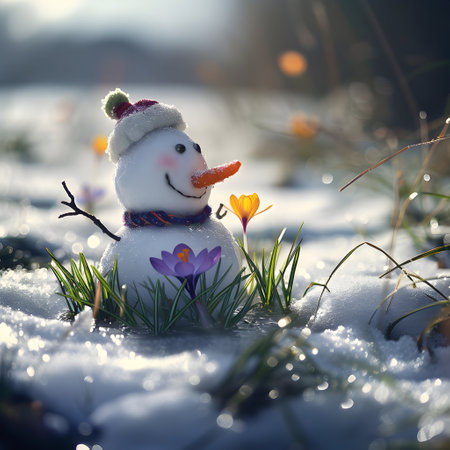 Snowman on a meadow with grass and spring flowers growing through the melting snow. Concept of spring coming and winter leaving.の素材