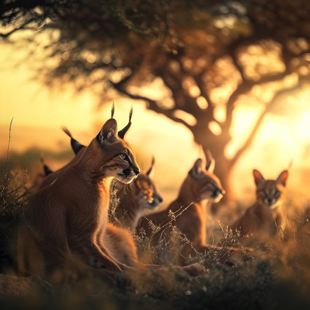 Caracal family in the savanna with setting sun shining. Group of wild animals in nature.の素材