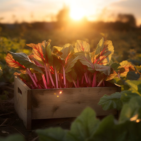 Rhubarb leafstalks harvested in a wooden box in a field with sunset. Natural organic vegetable abundance. Agriculture, healthy and natural food concept. Square composition.の素材