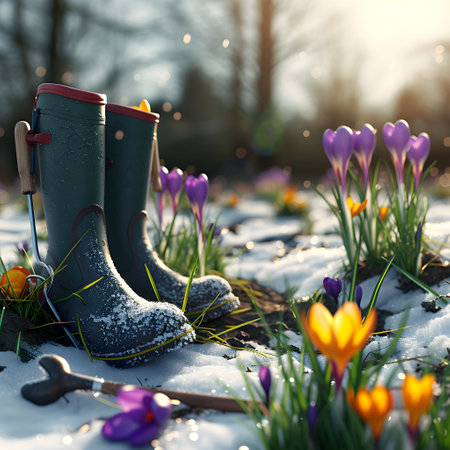 Gum boots with spring flowers and gardening tools with grass growing through the soil. Concept of gardening, spring coming and winter leaving.の素材
