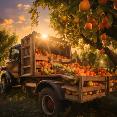 Vintage truck carrying various types of fruits in an orchard with sunset. Concept of food transportation, logistics and cargo.の素材