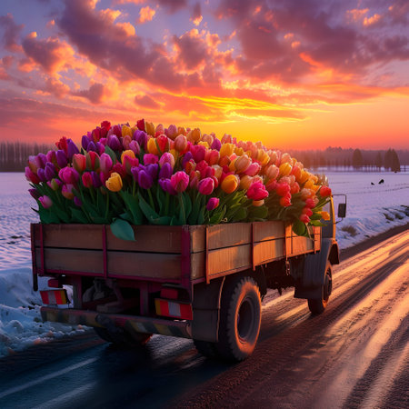 Truck car with colorful tulip flowers on the road in a winter countryside with sunset. Concept of spring coming and winter leaving.の素材