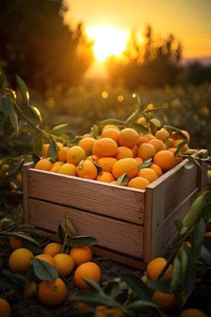 Kumquats harvested in a wooden box with orchard and sunshine in the background. Natural organic fruit abundance. Agriculture, healthy and natural food concept. Vertical composition.の素材
