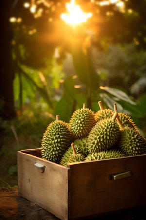 Durian fruit harvested in a wooden box in a plantation with sunset. Natural organic fruit abundance. Agriculture, healthy and natural food concept. Vertical composition.の素材