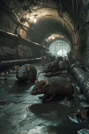 Rats looking from the tunnel of the sewers. Group of wild animals in nature.の素材
