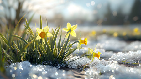 Colorful daffodil flowers and grass growing from the melting snow and sunshine in the background. Concept of spring coming and winter leaving.の素材