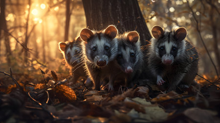 Opossum family in the forest with setting sun shining. Group of wild animals in nature.の素材