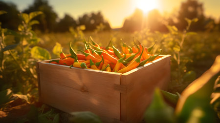 Chili peppers harvested in a wooden box with field and sunset in the background. Natural organic fruit abundance. Agriculture, healthy and natural food concept. Horizontal composition.の素材