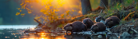 Beaver family sitting at the bank of the forest river with setting sun. Group of wild animals in nature. Horizontal, banner.の素材