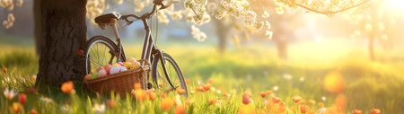 Bike being propped against the tree with basket full of Easter eggs on the meadow with grass, spring flowers and sun shining. Concept of Easter, Travel and Delivery. Horizontal, banner.の素材