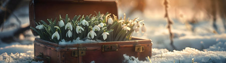 Vintage suitcase with snowdrop flowers and hoarfrost lying on the snowy surface. Concept of spring coming. Horizontal, banner.の素材
