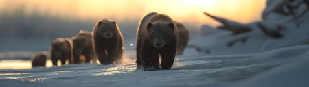 Wolverine family walking towards the camera in the forest with setting sun. Group of wild animals in nature. Horizontal, banner.の素材