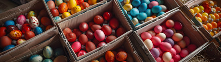 Boxes and baskets full of colorful Easter eggs. Top view, abstract background, horizontal, banner.の素材