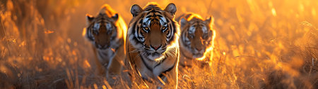 Tiger family in the savanna with setting sun shining. Group of wild animals in nature. Horizontal, banner.の素材