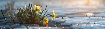 Colorful daffodil flowers and grass growing from the melting snow and sunshine in the background. Concept of spring coming and winter leaving. Horizontal, banner.の素材