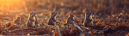 Ground squirrel family in the harvested field in summer evening with setting sun. Group of wild animals in nature. Horizontal, banner.の素材