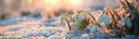 Colorful snowdrop flowers and grass with hoarfrost growing from the snow and sunshine in the background. Concept of spring coming. Horizontal, banner.の素材