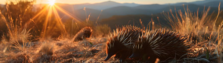 Echidna in the mountainous countryside with setting sun shining. Group of wild animals in nature. Horizontal, banner.の素材
