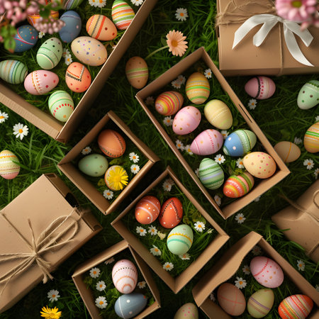 Boxes and baskets full of colorful Easter eggs on green grass and spring flower surface. Top view, abstract background.の素材