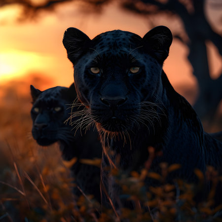 Black panthers standing in the savanna with setting sun shining. Group of wild animals in nature.の素材