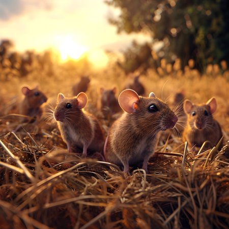Mice in the harvested field in summer evening with setting sun. Group of wild animals in nature.の素材