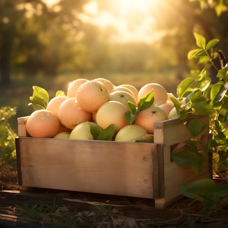 Pomelo harvested in a wooden box with orchard and sunshine in the background. Natural organic fruit abundance. Agriculture, healthy and natural food concept. Square composition.の素材