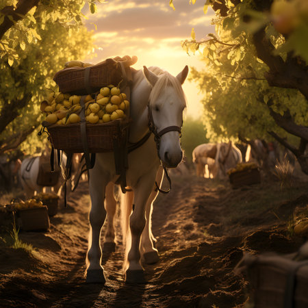 Pack horse carrying apples in an orchard with sunset. Concept of food transportation, logistics and cargo.の素材