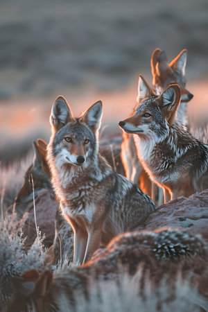 Coyot family standing in front of the camera in the rocky plains with setting sun. Group of wild animals in nature.の素材
