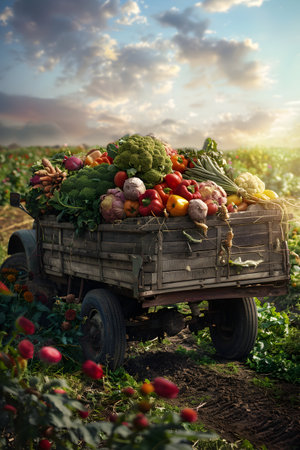 Vintage truck carrying various types of vegetables in a field with sunset. Concept of food transportation, logistics and cargo.の素材