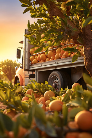 Cargo truck carrying grapefruit fruit in an orchard with sunset. Concept of food production, transportation, cargo and shipping.の素材